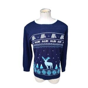 Aldi Gear Sweater Men's Medium Blue Knit Aldi Stores Reindeer Christmas Sweater
